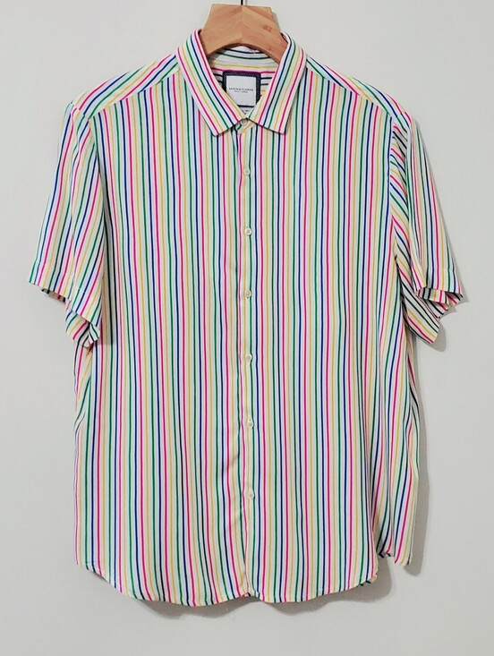 Denim & Flower Other - Denim & Flower Rainbow Stripe Short Sleeve Button Down Shirt Mens Large